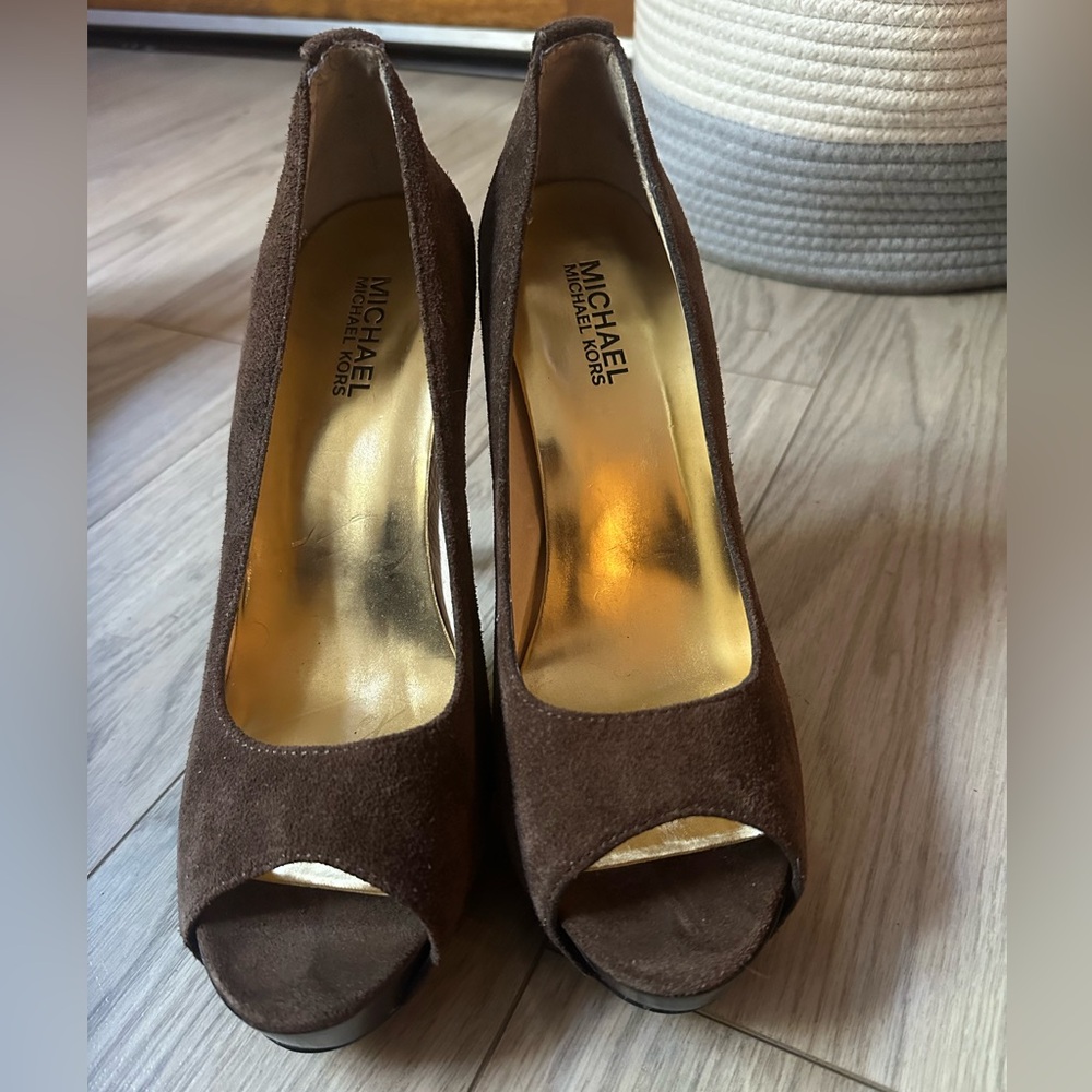 Michael Kors Chocolate Suede Peep Toe Heels